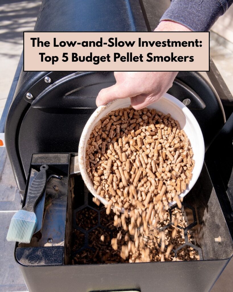 A person pouring wood pellets into the compartment of a wood pellet smoker.
