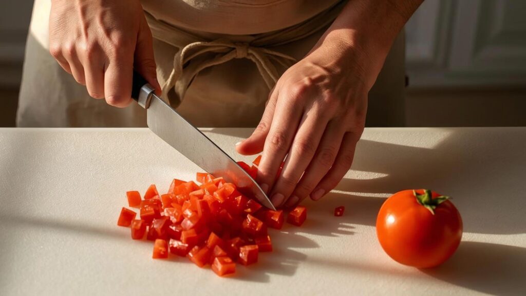 A person dicing a ripe tomato.