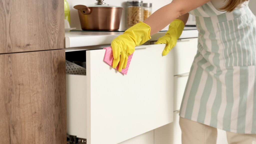 A person cleaning a white kitchen cabinet.