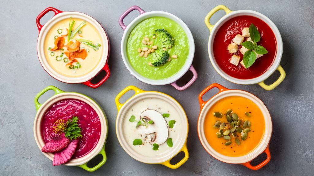 Flat lay shot of 6 bowls with different colored vegetable soups. Each soup bowl is garnished with the vegetable the soup is made of. There's carrot, broccoli, tomato, beet, mushroom, and pumpkin.