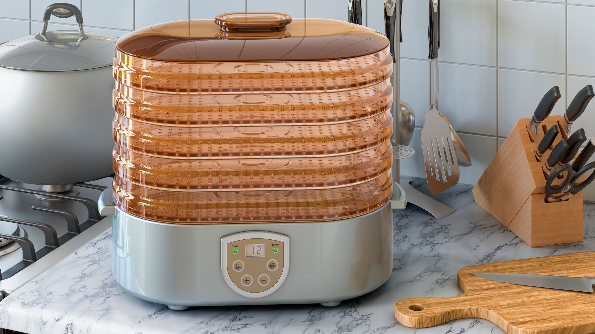 A food dehydrator on a kitchen countertop.