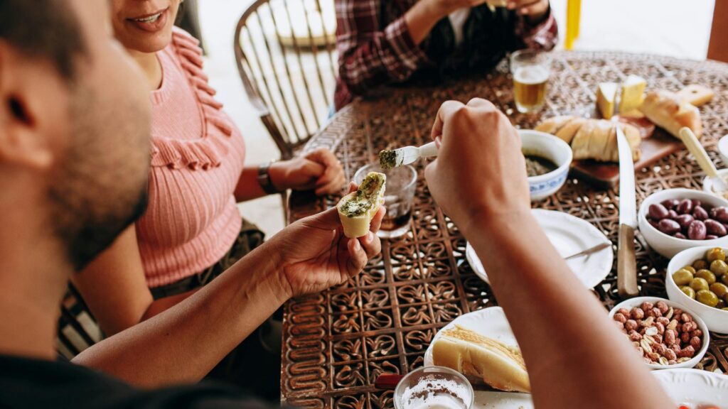People eating around a table.