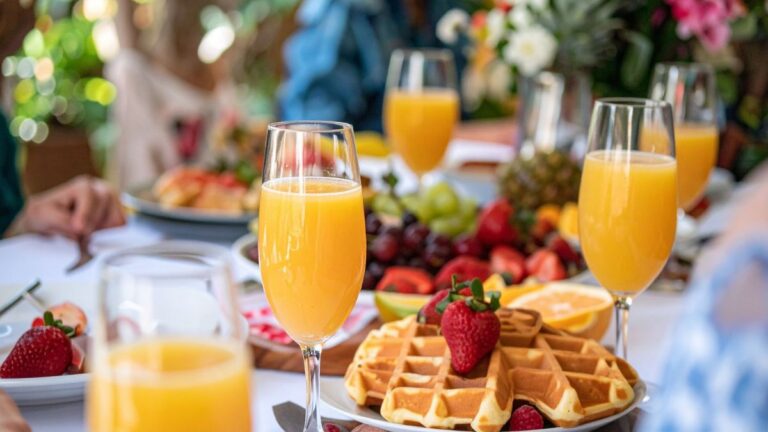 Focus shot on a brunch spread with waffles, pastries, fruits and fresh orange juice.