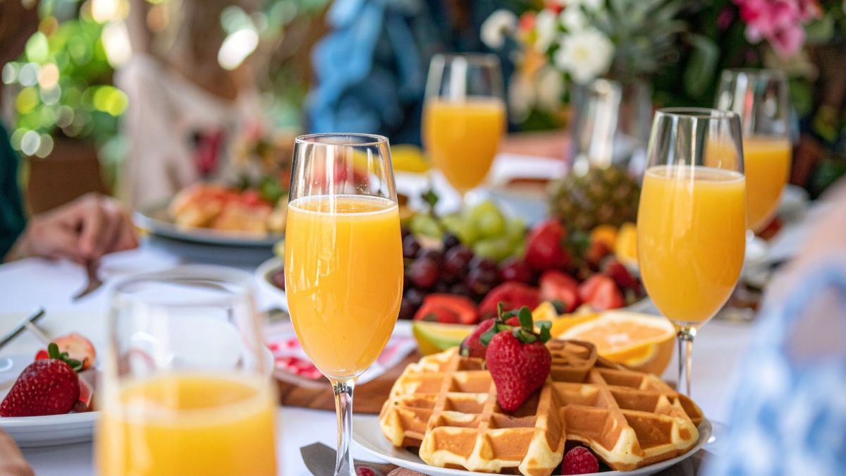 Focus shot on a brunch spread with waffles, pastries, fruits and fresh orange juice.