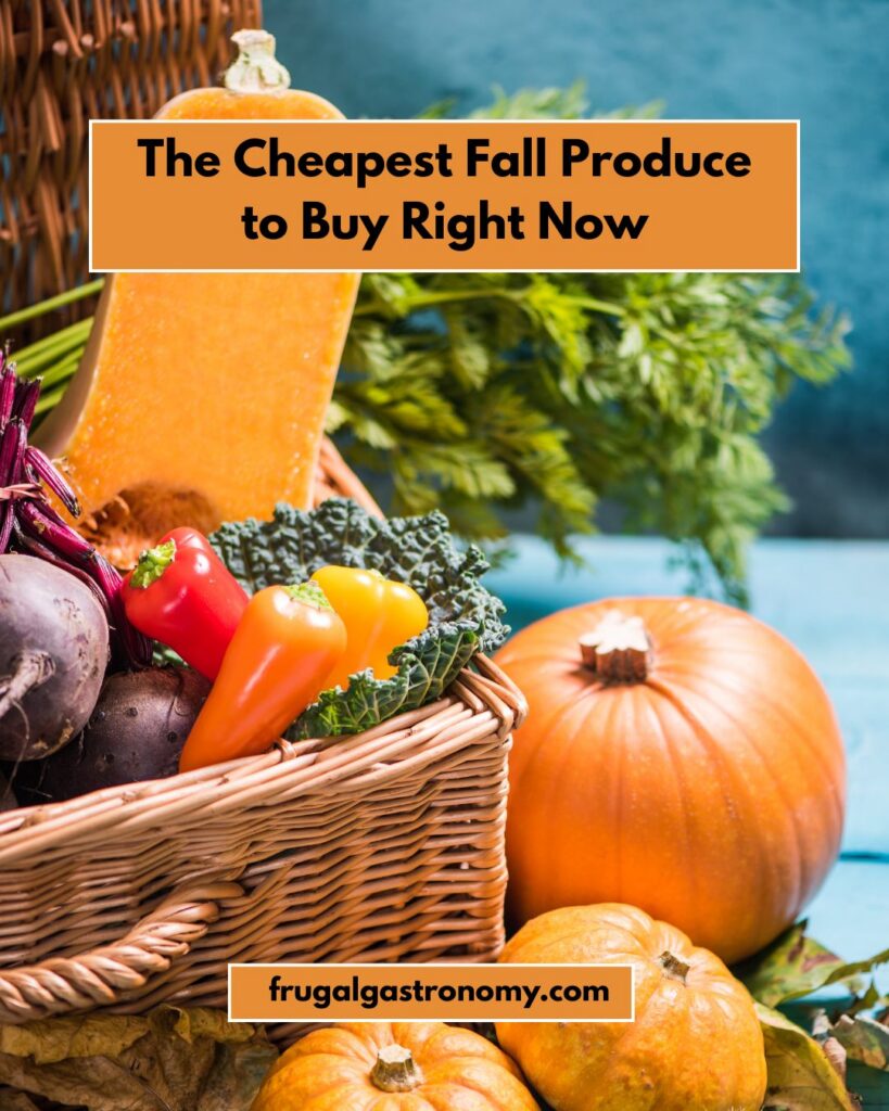 Fresh fall produce in a woven basket.