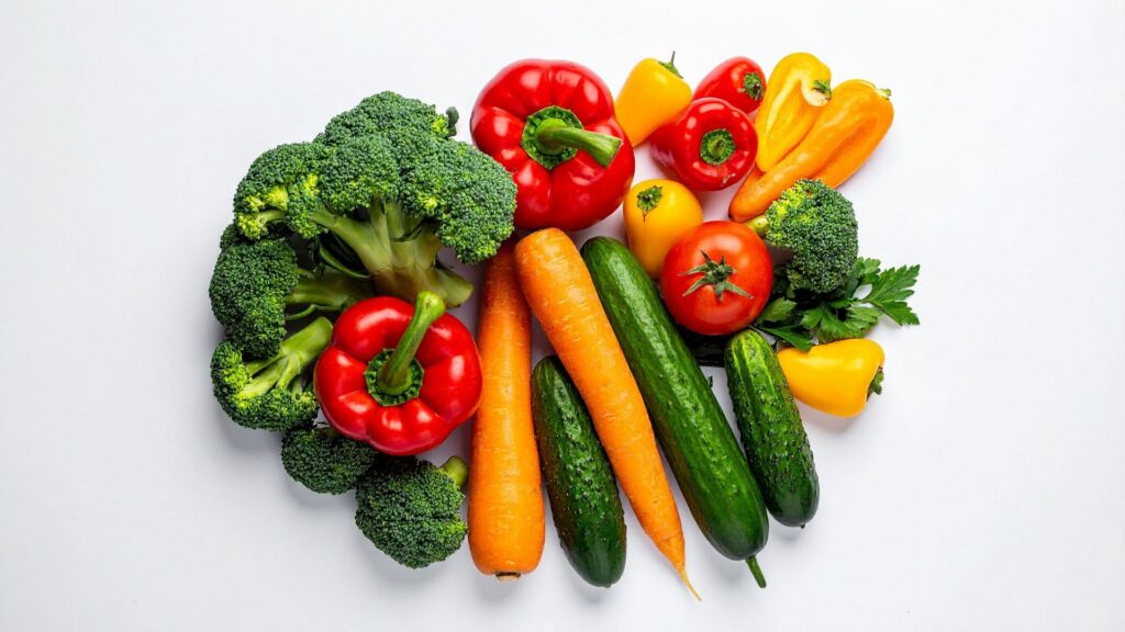 Flat lay shot of vegetables on a white surface.