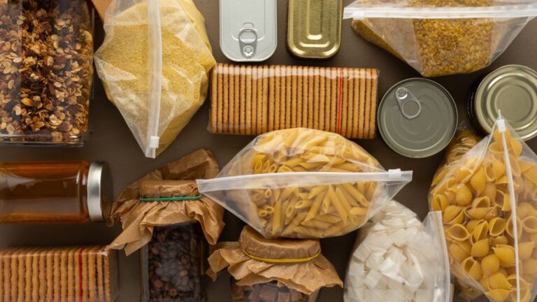 Flat lay shot of an assortment of dry goods that are perfect for Emergency Food Storage.