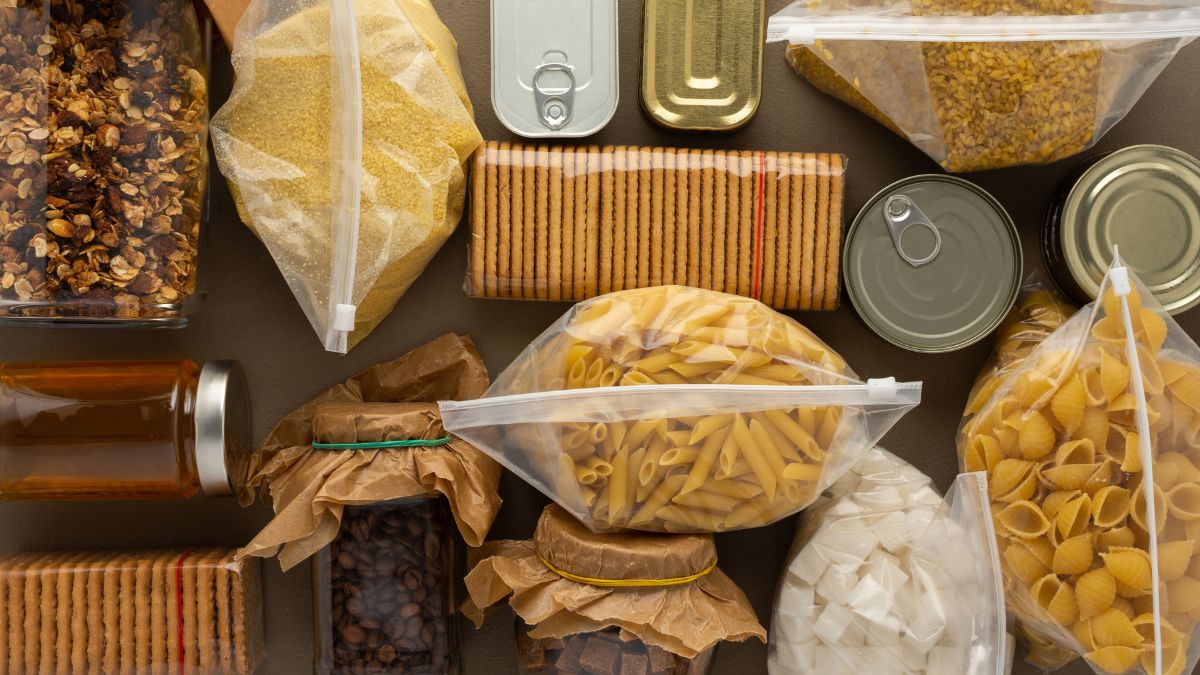 Flat lay shot of an assortment of dry goods that are perfect for Emergency Food Storage.
