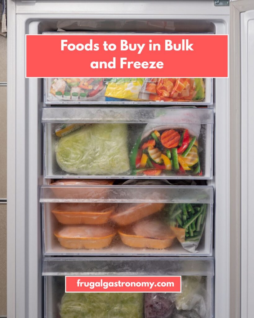 An open freezer with bags of frozen foods such as vegetables, meats and fruits.