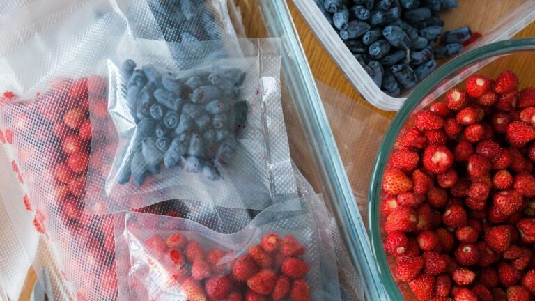 strawberries and blueberries in separate vacuum bags beside a big bowl of strawberries.