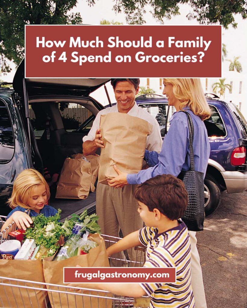 A family of 4 putting their groceries at the back of a car.