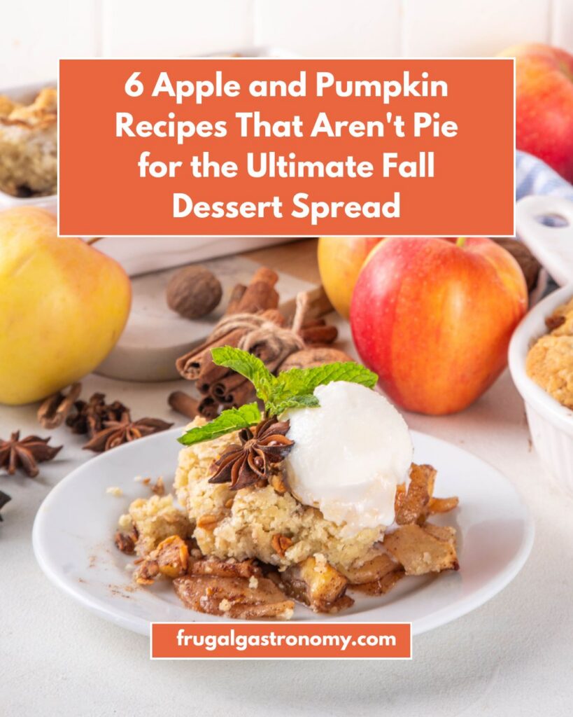 A serving of apple cobbler topped with a scoop of vanilla ice cream on a white plate.