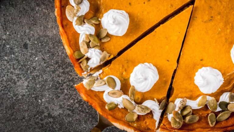 Flat lay shot of a pumpkin cheesecake.