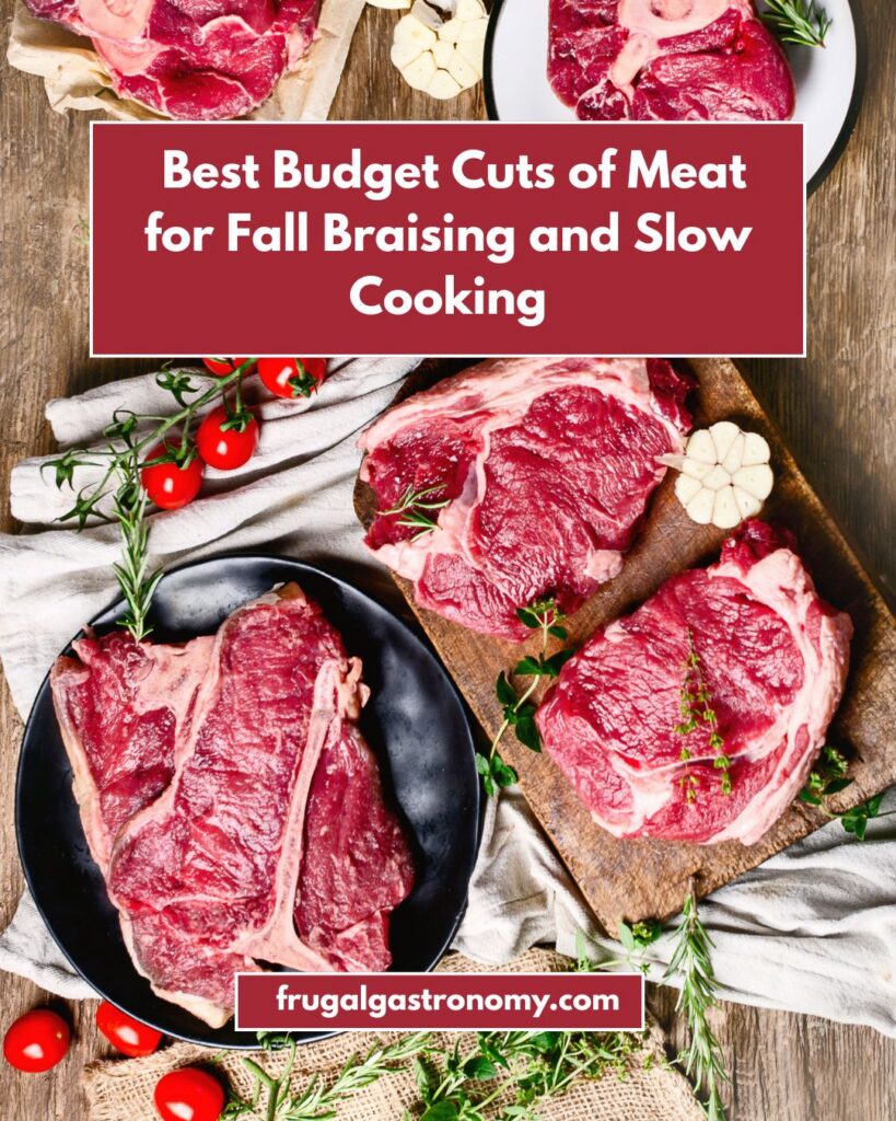 Flat lay shot of different cuts of meat on a wooden surface.