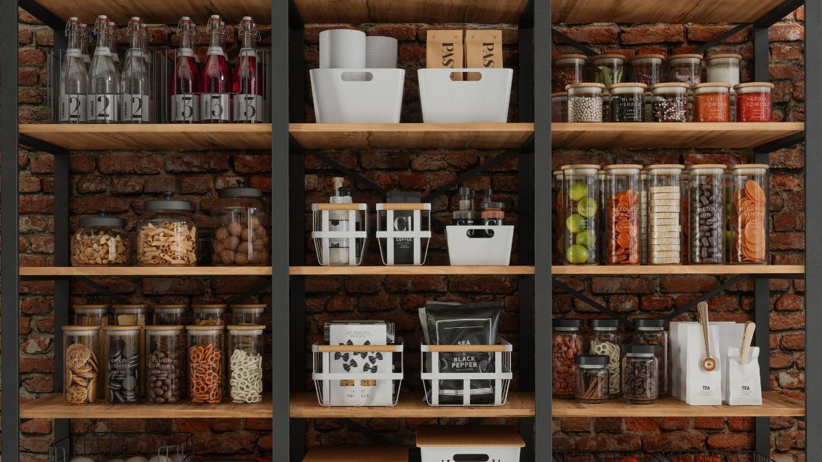 A shelf inside a pantry full of grocery items.