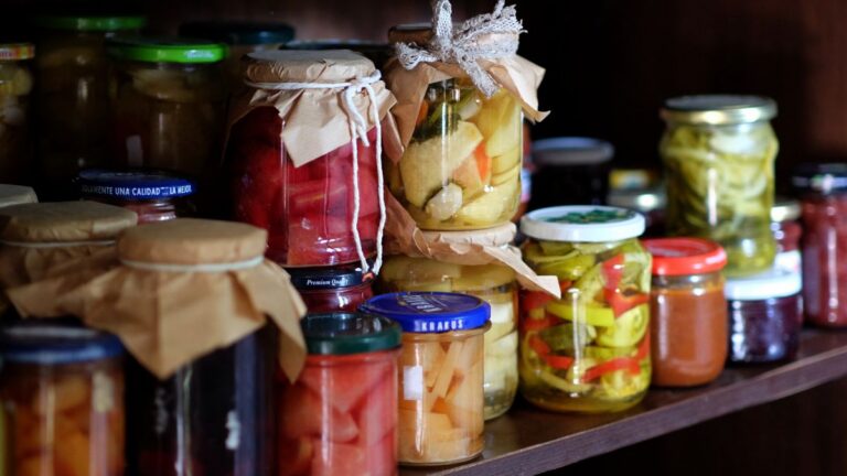 Jars with preserved vegetables and fruits.