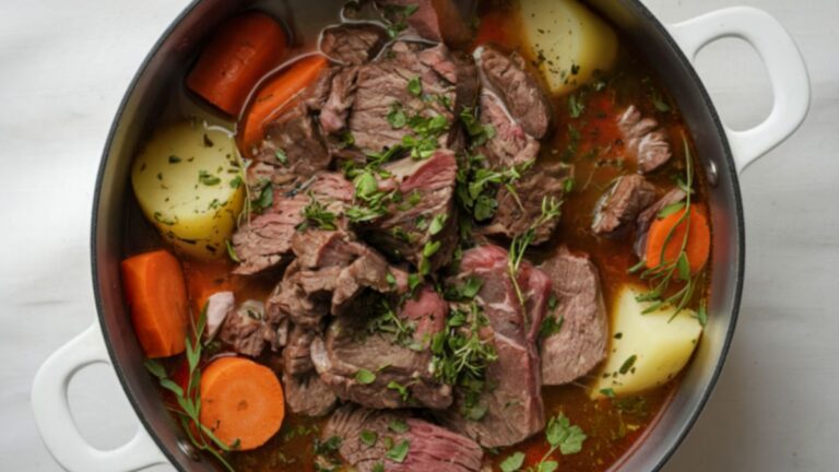 Flat lay shot of a pot of stew.