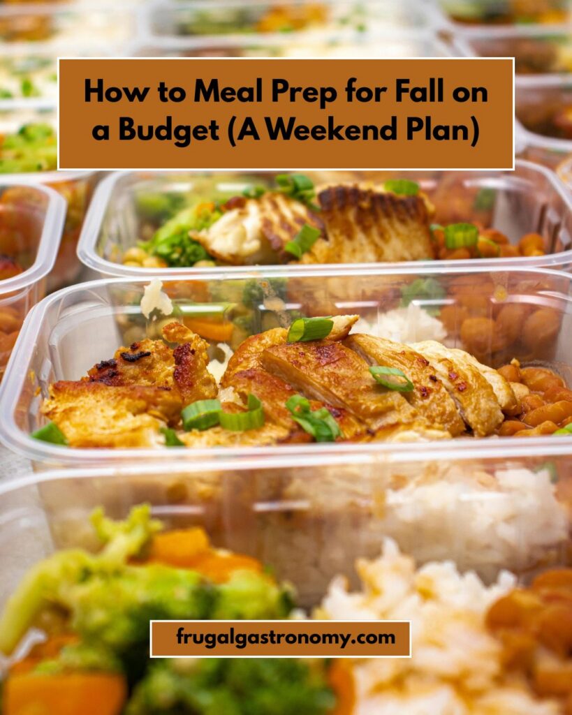 Focus shot of a row of prepped meals made with rice and chicken.