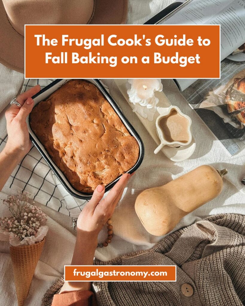 Flat lay shot of hands holding a baking pan with baked pumpkin cake.