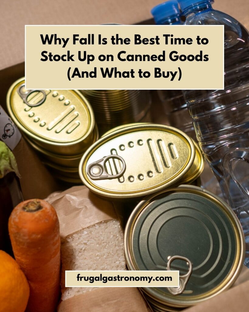 Groceries such as vegetables, canned goods, and water in box.