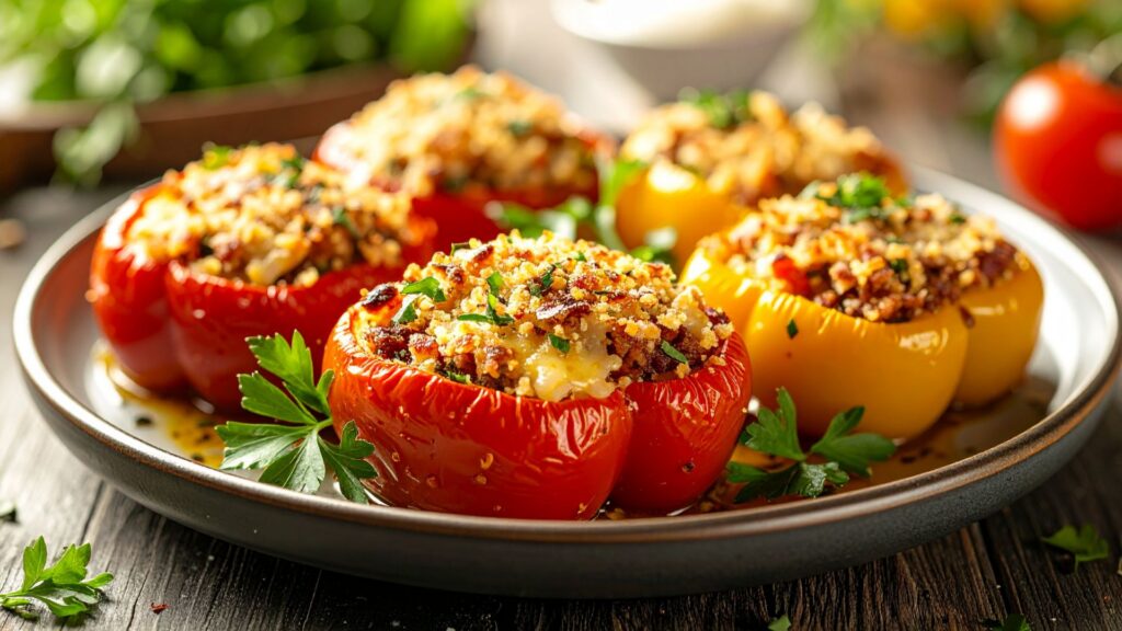 A plate of stuffed bell peppers on a wooden surface. This recipe is one of the reasons why you’ll love this Weekly Meal Plan for a Family of 4 for $150.