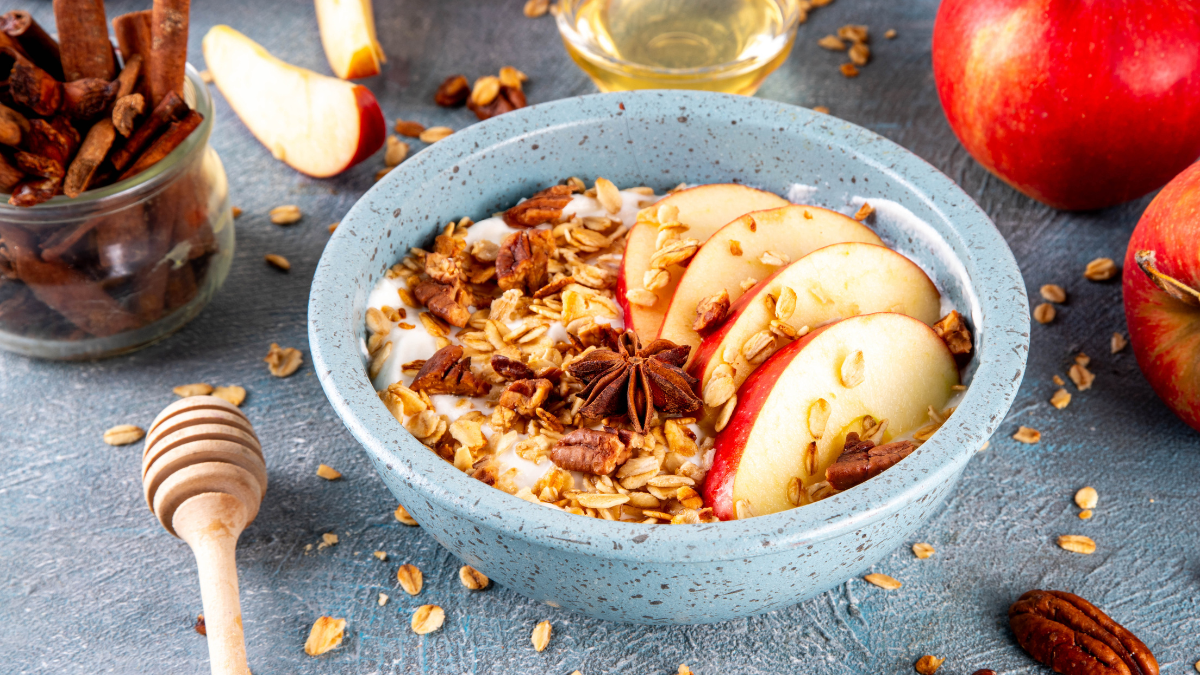 A bowl of apple oatmeal porridge.