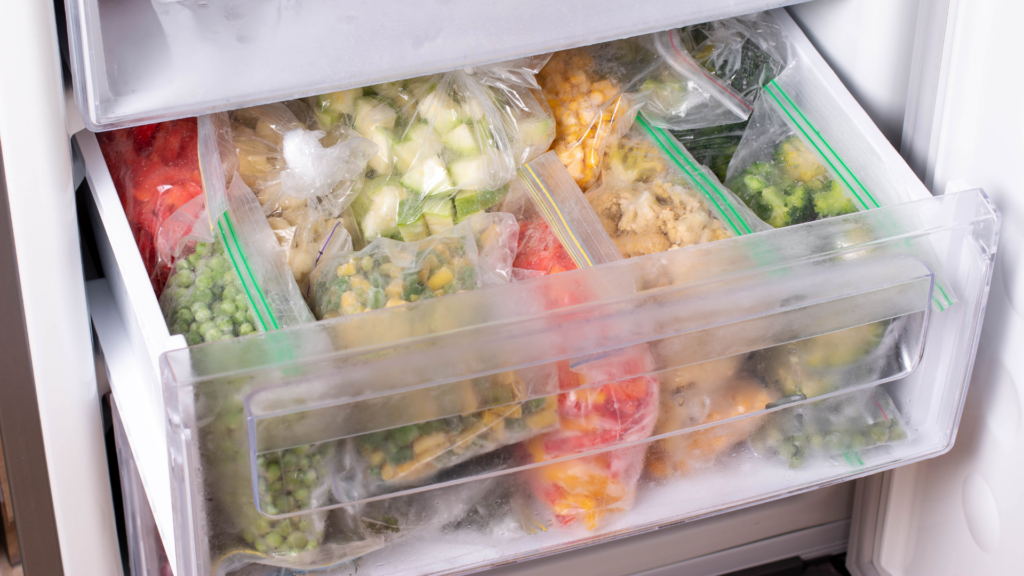 A freezer full of frozen vegetables in separate re-sealable plastic bags.