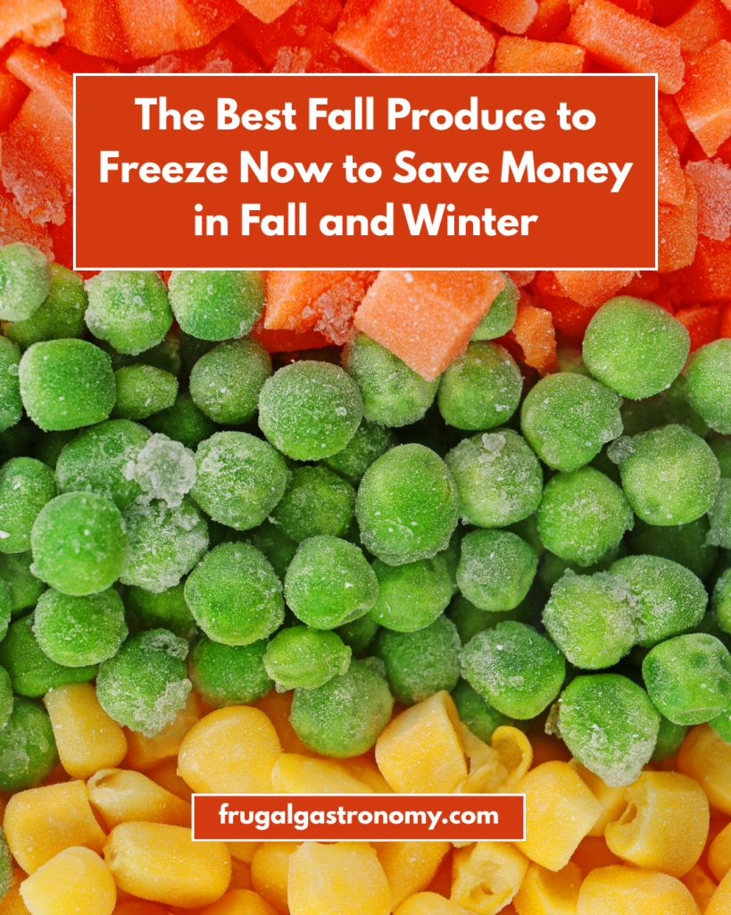 Closeup shot of frozen vegetables such as diced carrots, peas and corn.