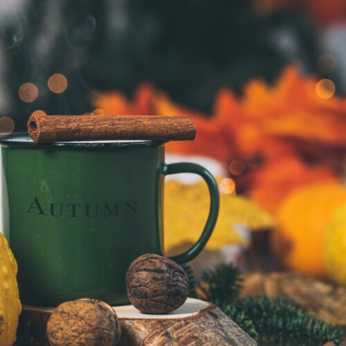 Fall spiced coffee in a green enamel mug with a cinnamon stick, surrounded by pumpkins