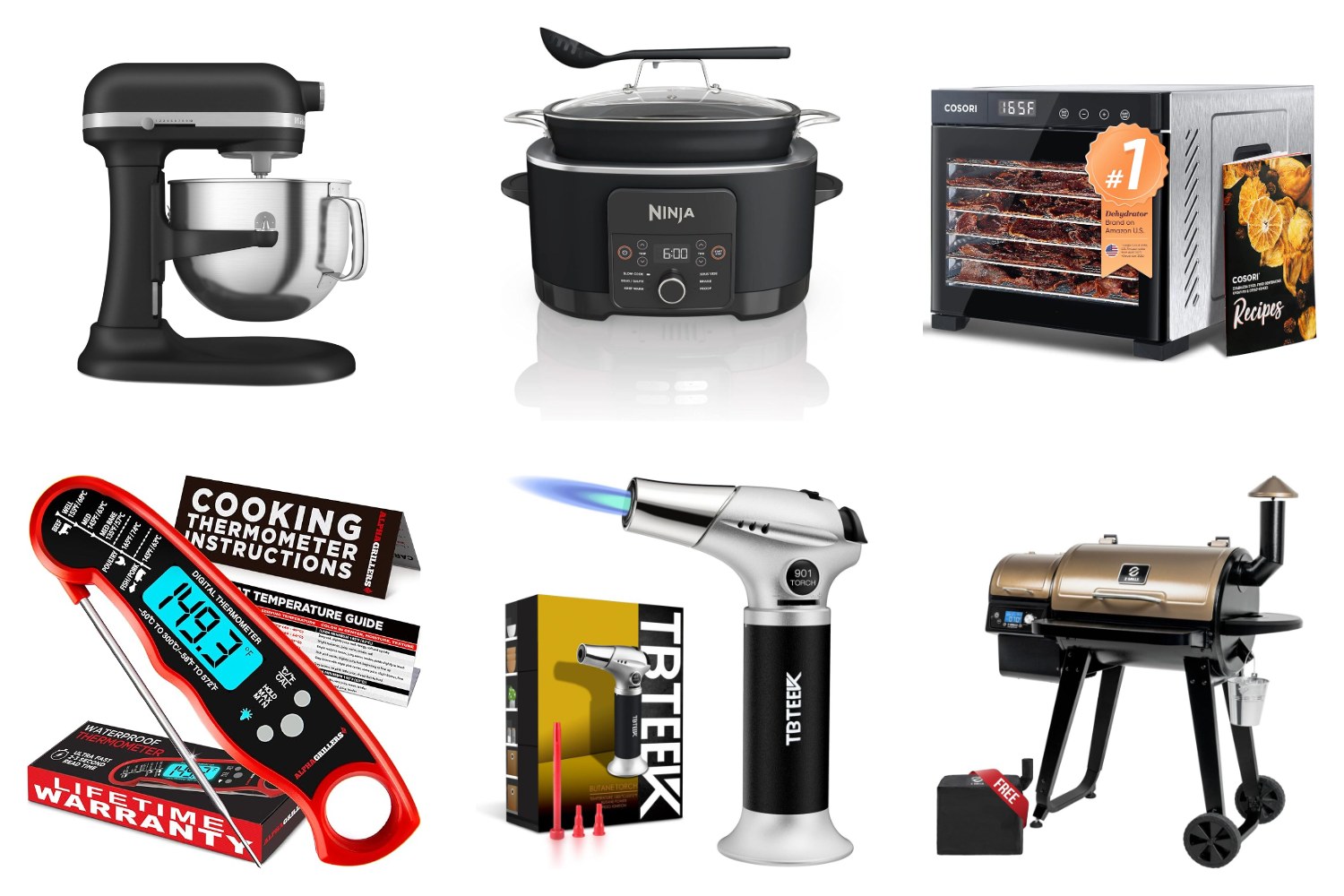 Holiday kitchen gadget gifts: stand mixer, multi-cooker, food dehydrator, meat thermometer, kitchen torch and pellet smoker