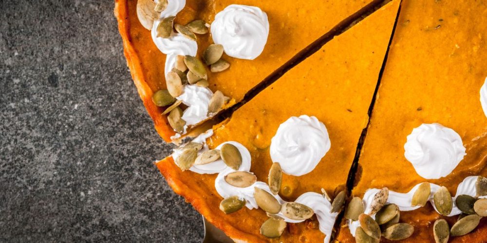 Flat lay shot of a pumpkin cheesecake.