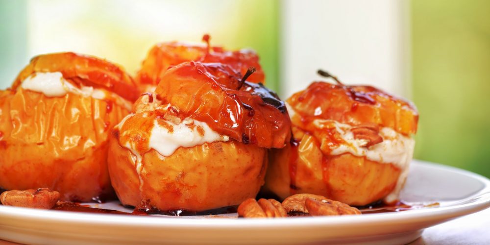 Baked apples filled with a cinnamon oat and brown sugar mixture.