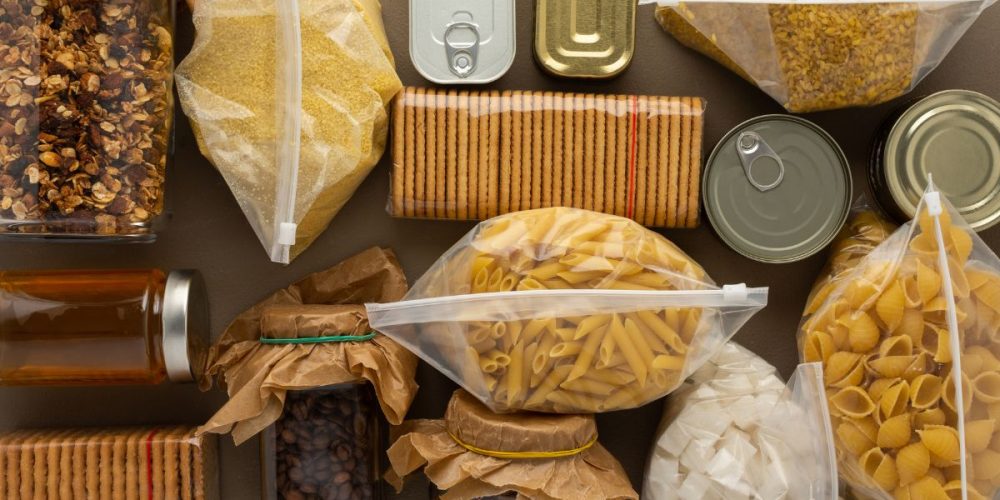 Flat lay shot of an assortment of dry goods that are perfect for Emergency Food Storage.