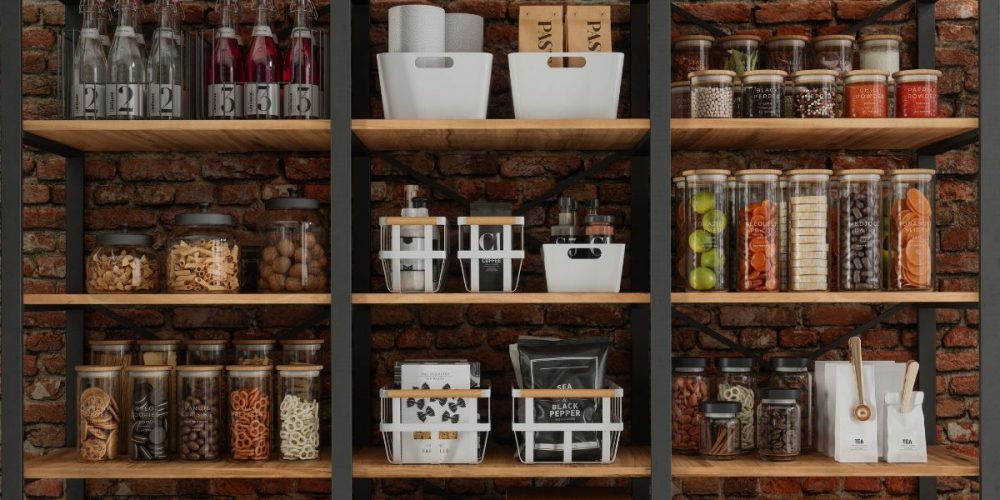 A shelf inside a pantry full of grocery items.