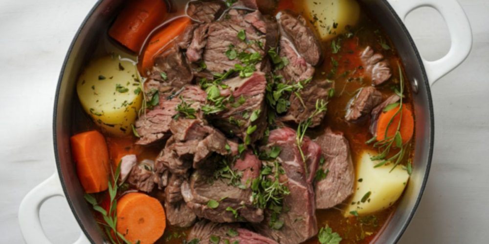 Flat lay shot of a pot of stew.