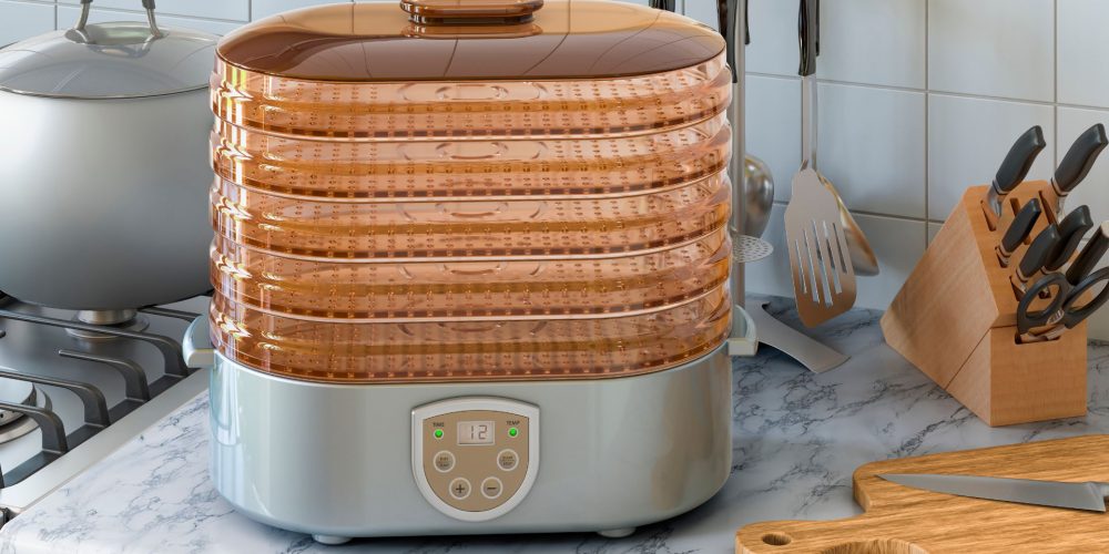 A food dehydrator on a kitchen countertop.