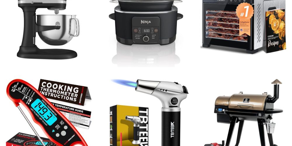 Holiday kitchen gadget gifts: stand mixer, multi-cooker, food dehydrator, meat thermometer, kitchen torch and pellet smoker